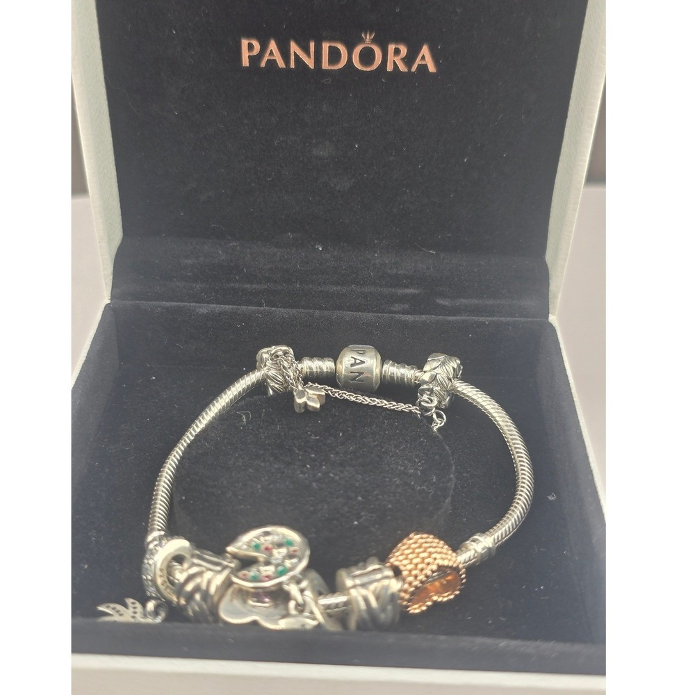 Pandora Charm Bracelet Sterling Silver Mom Heart Palm Tree Pizza Charms 6.75